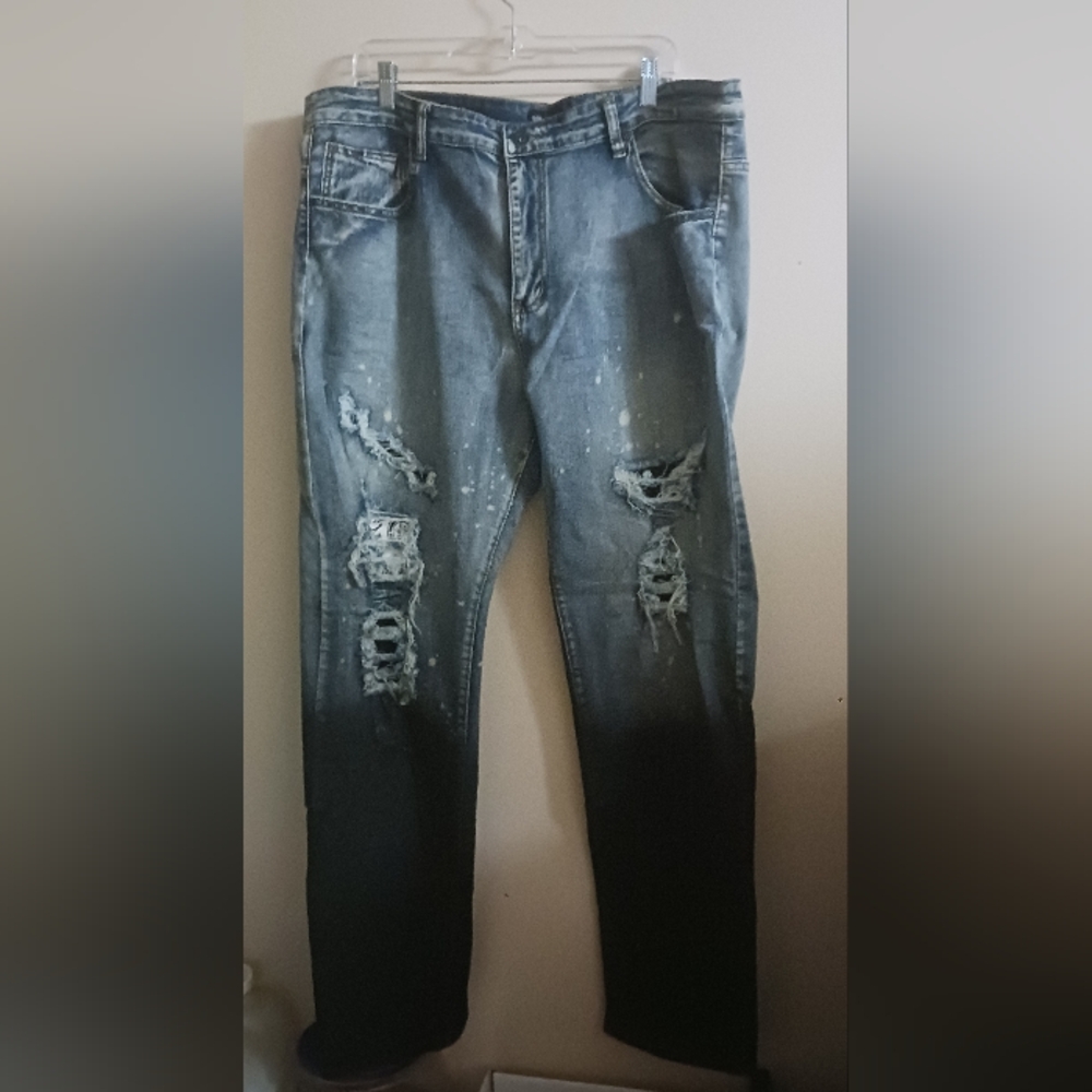 Waimea Mens Ripped Painted Blue Jeans 42×32 A-43